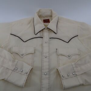 Pryde Western Shirt Mens L Cream Solid Pearl Snap Contrast Piping Long Sleeve